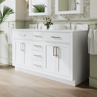 60-Inch Bathroom Vanity with Double Sinks W/ 4 Doors & 4 Drawers & 2 Flip Drawers, White Vanity W/Brushed Nickel Handles