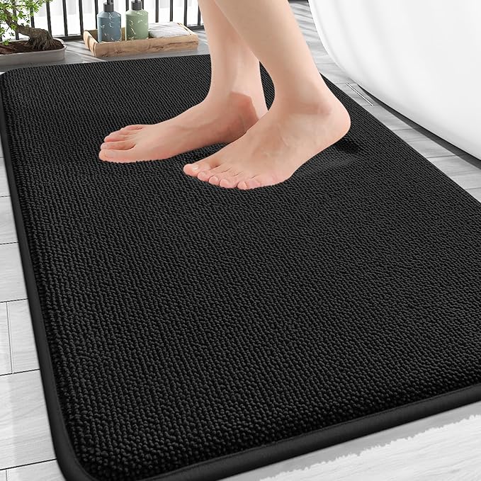 OLANLY Thick Memory Foam Bathroom Rugs 30x20, Absorbent Bath Mat, Black | Soft Quick Dry Bath Rugs, Non-Slip, Machine Washable Carpet for Bathroom Floor, Tub and Shower, Home Decor Accessories