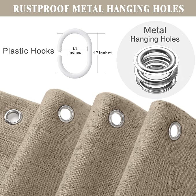 Linen Shower Curtain Flax Khaki, Fabric Boho Farmhouse Shower Curtains for Bathroom Cotton Natural Cloth Liner Set 72" W x 72" L