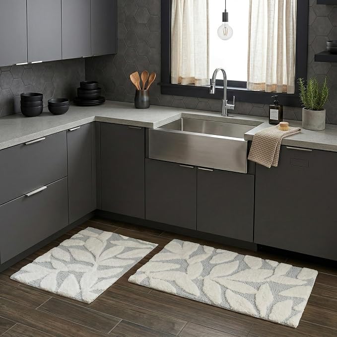 Lavish Home Bathroom Rug Set, Gray, 2-Piece-Set, 35”x22”/25”x18” | 100% Cotton Bath Mats with Textured Botanical Leaf Print for Boho Bathroom Decor - Bath Rugs Non Slip Washable Bathmats