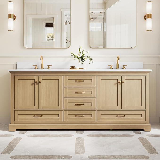 WELLFOR 80" Bathroom Vanity with Double Sinks, Bathroom Freestanding Vanity W/4 Soft-Close Doors and 6 Drawers, Large Storage Space Vanity, Cultured Marble Countertop (Oak)