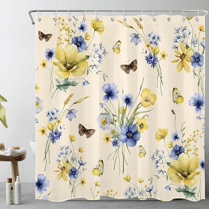 HVEST Wildflower Shower Curtain and Bath Mat, Blue and Yellow Floral and Wheat with Butterfly Shower Curtain with Bathroom Rugs, 70X70 inches Country Daisy Flower on Beige Shower Curtain Sets