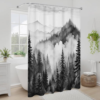 Litabel Black Extra Long Misty Pine Forest Shower Curtain 72 x 84, XL Mountain Foggy Woodland Scenery Tree Shower Curtains for Bathroom, Abstract Waterproof Nature-Themed Decor