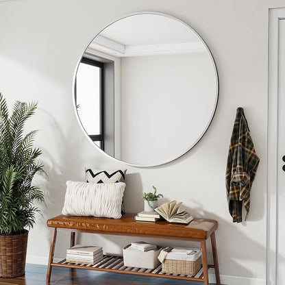 Large Silver Round Bathroom Mirror 42" with Thin Metal Frame | Circle Wall Mounted Mirror Hanging or Leaning Decor for Hallway, Entryway, Fireplace Mantel, Living Room