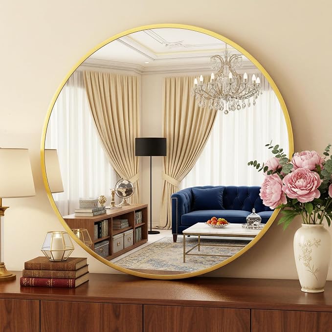 Antok 36 Inch Round Mirror for Wall, Round Bathroom Mirror, Circle Wall Mirrors with Gold Metal Frame, Circle Mirrors Suitable for Wall, Bathroom, Vanity, Living Room, Entryway