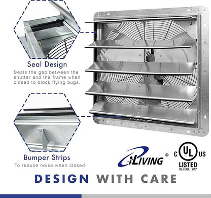 iLIVING 20" Wall Mounted Shutter Exhaust Fan, Automatic Shutter, with Thermostat and Variable Speed controller, 2.2A, 3368 CFM, 5000 SQF Coverage Area Silver (ILG8SF20V-ST)