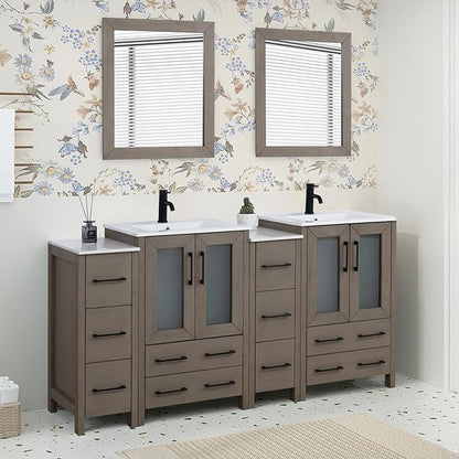 HOMEBEYOND 72 Inch Modern Bathroom Vanity with Sink & Mirror, Double Sink Vanity Cabinet with Basin and Mirror, Dove-Tailed Drawers, Soft-Closing Doors, Wood, Driftwood Gray