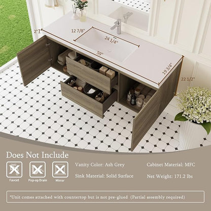 Floating Bathroom Vanity with Single Sink, 60" Wall-Mounted Bathroom Storage Vanity Cabinet with Resin Top Basin and Soft Close Drawers, No Assembly Required, Ash Grey