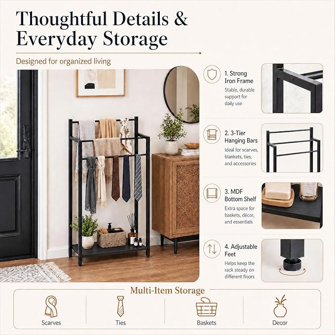 16.9" W Freestanding Towel Rack with Black Wood Shelf | 3 Tier Blanket Ladder Stand for Bathroom Living Room, Metal Frame,31.5"H x 16.9"W x7.9"D