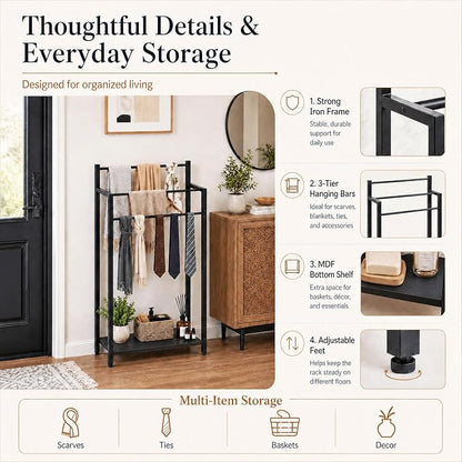 16.9" W Freestanding Towel Rack with Black Wood Shelf | 3 Tier Blanket Ladder Stand for Bathroom Living Room, Metal Frame,31.5"H x 16.9"W x7.9"D