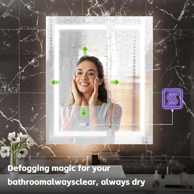 Smart LED Medicine Cabinet with Mirror, 30W×36H Inch Bathroom Storage Medicine Cabinet, 3 Color Stepless Dimming & Anti-Fog, 5X Magnifier, Night Light, 2 Doors, DTC Soft-Close Hinges