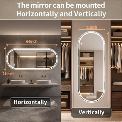 Oval LED Bathroom Mirror, 21"x 64" Led Full Length Mirror | Frameless Large LED Mirror with Front Light & Backlit, Anti-Fog, Dimmable Wall Mounted Lighted Mirror, Smart Bathroom Mirror