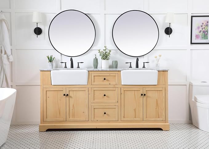 72" Pre-Assembled Bathroom Vanity with Sink, Solid Birch and MDF, Carrara White Marble Countertop Attached, Double Rectangle Porcelain Sink, 3 Soft-Close Drawers, Natural Wood