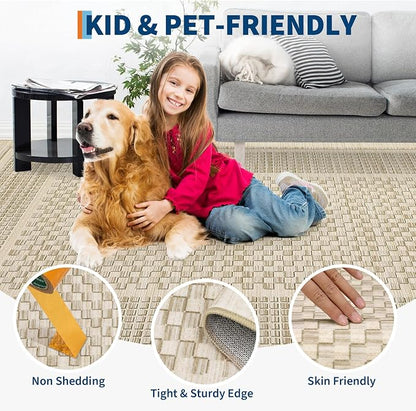 Washable Area Rug 9x12 Rug for Living Room Modern Plaid Large Area Rug for Bedroom Decor Farmhouse Non Slip Throw Rugs Low Pile Stain Resistant Carpet for Office Dining Room 9'x12' Beige