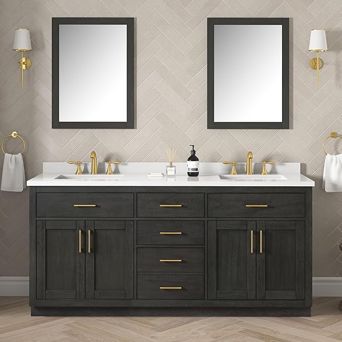 OVE Decors Bailey 72 in. Double Sink Freestanding Matte Black Wood Bathroom Vanity with White Quartz Top, Matching Backsplash and Power Bar