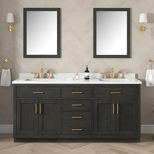 OVE Decors Bailey 72 in. Double Sink Freestanding Matte Black Wood Bathroom Vanity with White Quartz Top, Matching Backsplash and Power Bar