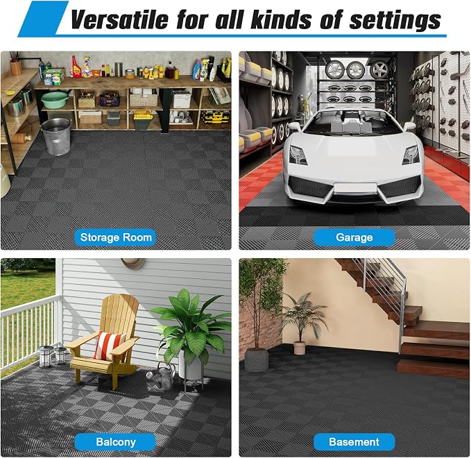 Jocoevol 36-Pcs Interlocking Tile, 12" x 12" Indoor/Outdoor Self-Drainage Interlocking Floor Tiles, Non-Slip Heavy-Duty Polypropylene Splicing Flooring Tile for Garage Patio Pool Bathroom, Black