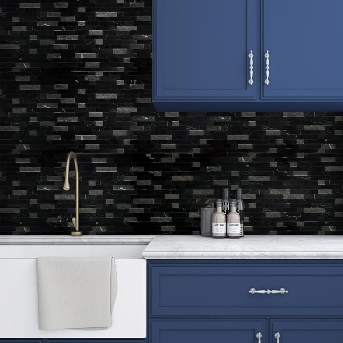SUNWINGS 5-Sheet Peel and Stick Mosaic Natural 3D Stone Self Adhesive Marble Tiles, 11.5" x 10.7" Stick on Backsplash for Kitchen Bathroom Fireplace Vanity, Mixed Black