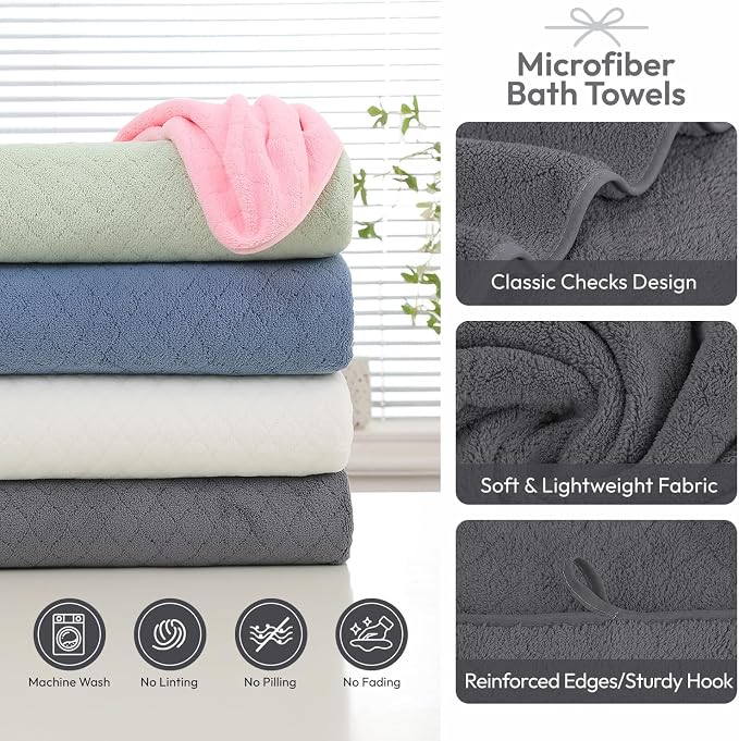 JML Bath Towels with Hanging Loop, 2 Pack, 27x55 in, Microfiber, Dark Gray | Soft, Super Absorbent, Quick Dry, Lint-Free & Fade-Resistant, Lightweight Bathroom Towel for Daily Use