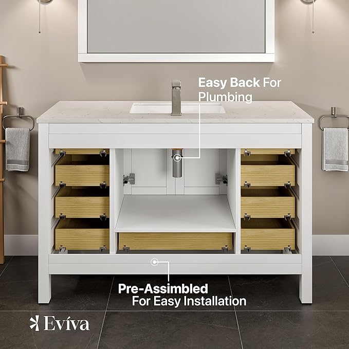 Eviva London 54 Inch Bathroom Vanity with Countertop, White Vanity Bathroom Sink Cabinet W/Quartz Countertop Porcelain Single Sink Design for Modern Bathrooms