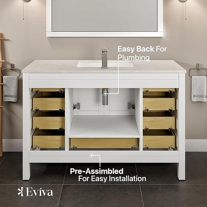Eviva London 54 Inch Bathroom Vanity with Countertop, White Vanity Bathroom Sink Cabinet W/Quartz Countertop Porcelain Single Sink Design for Modern Bathrooms
