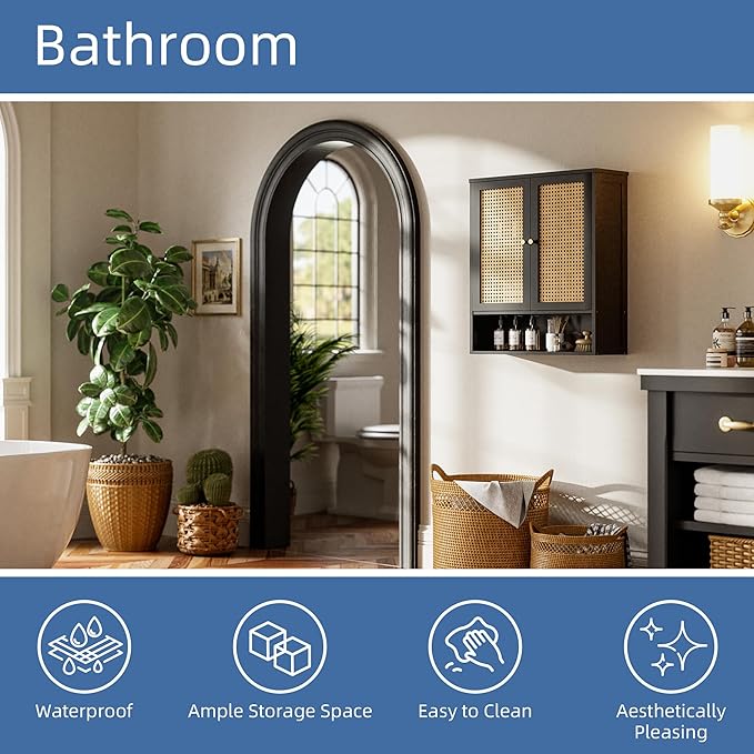 HITNET Wall Mounted Bathroom Cabinet, Rattan Hanging Cabinet, Space-Saving Bathroom Wall Cabinet with 2 Doors and Adjustable Shelves, Black