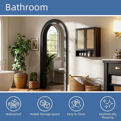 HITNET Wall Mounted Bathroom Cabinet, Rattan Hanging Cabinet, Space-Saving Bathroom Wall Cabinet with 2 Doors and Adjustable Shelves, Black