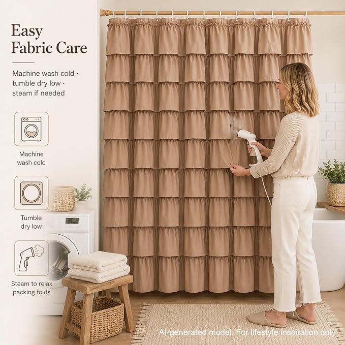 Brown Ruffle Shower Curtain, Chocolate Farmhouse Design for Girls, Elegant Privacy & Cute Luxury Ruffled, Boho Bathroom Decor, Bath Curtains, Vintage Taupe, Modern Country Style, 72 x72 inch