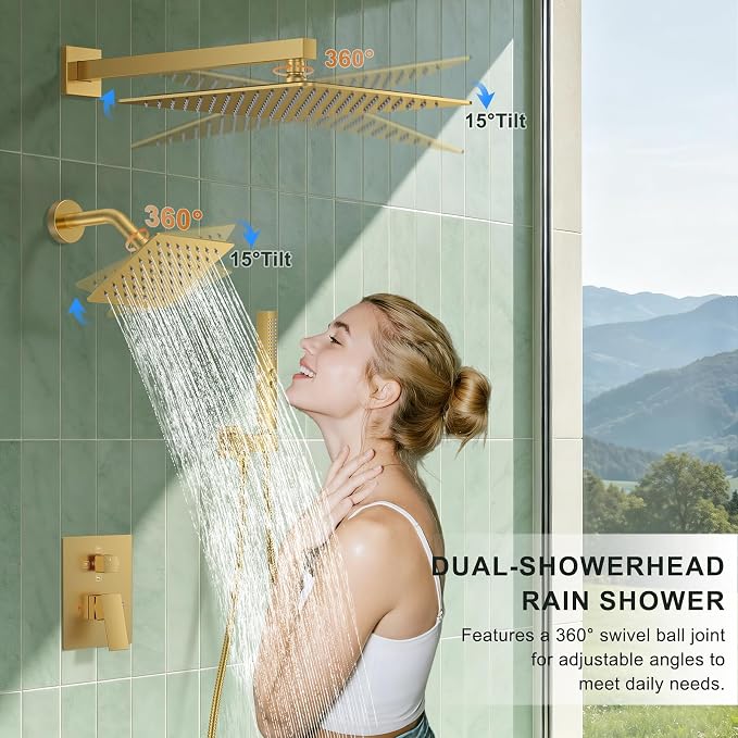 Rain Shower System with Rough-in Valve, Wall Mount Shower Faucet Set with 12" & 6" Dual Rain Shower Heads, 2-in-1 Handheld Shower, Tub Spout, 4-Function Complete Shower Fixture, Brushed Gold