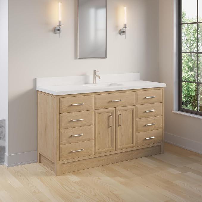 Capri III 60" Single Sink Bathroom Vanity With Stealth Organizer, Solid Wood Bathroom Cabinet with Engineered Stone Countertop & Backspalsh, Soft Closing Door & Drawer, Pre-Assembled, Weathered Oak