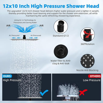 Hibbent 12'' Filtered Rain Shower Head with 16'' Extension Arm, Matte Black | High Pressure Rainfall Showerhead, Brass Adjustable Shower Head Extension Arm, 20 Stage Shower Filter, Fixed Showerheads