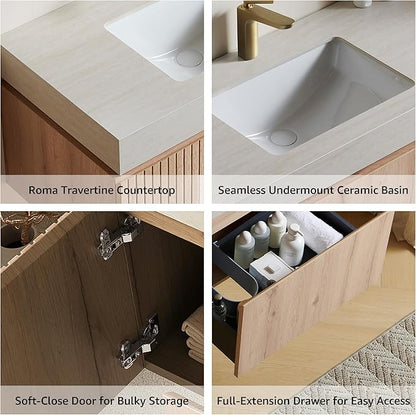 30” Floating Bathroom Vanity with Sink, Wall-Mounted Cabinet with Drawer & Doors, Roma Travertine-Pattern Countertop, Undermount Basin, Single Faucet Hole, Soft-Close, Pre-Assembled, Light Oak