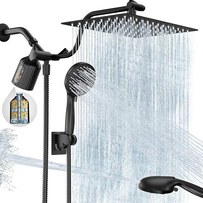 Filtered Shower Head with Handheld, 11.8" Rain Shower Head, High Pressure | 10-Function Spray Options, Adjustable Extension Arm, Secure Adhesive Holder, Easy Installation, Stainless Steel-Black Finish