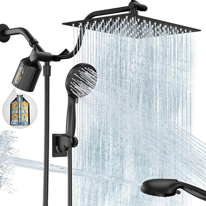 Filtered Shower Head with Handheld, 11.8" Rain Shower Head, High Pressure | 10-Function Spray Options, Adjustable Extension Arm, Secure Adhesive Holder, Easy Installation, Stainless Steel-Black Finish