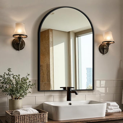 Arched Bathroom Vanity Mirror for Over Sink, 30”x20”, Black | HD Tempered Glass, Anti-Rust Metal Frame, Hanging or Leaning, Wall Mirrors for Bathroom Sink, Bedroom, Living Room, Entryway