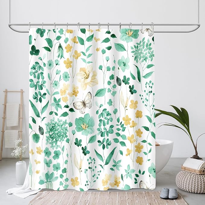 Mint Green Floral Shower Curtain, Cute Flower Fabric Shower Curtains for Bathroom, Watercolor Wildflower Butterfly Cloth Shower Curtain Set with Hooks, 72x72