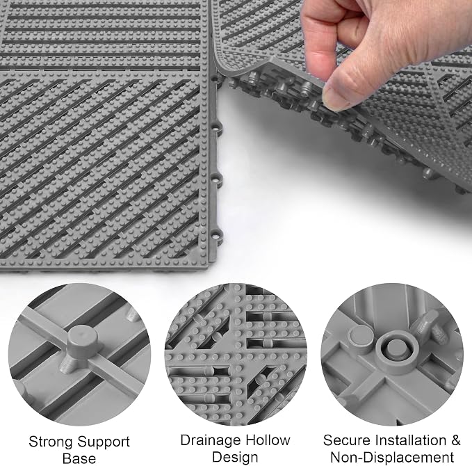 Modular Interlocking Cushion 12 Pack 11.8" x 11.8" Rubber Floor Tiles Non-Slip Splicing Drainage Mats for Deck, Pool, Shower, Patio, Balcony, Bathroom, Kitchen, Yard (2 Rows Dots, Gray)