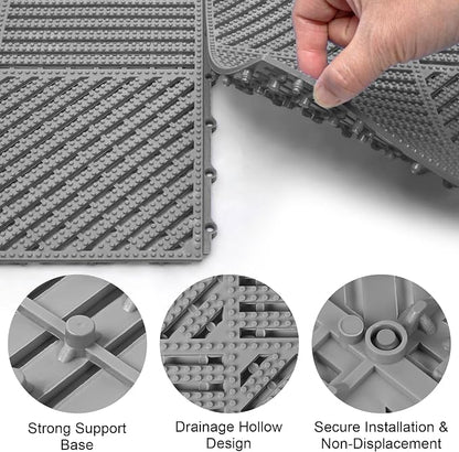 Modular Interlocking Cushion 12 Pack 11.8" x 11.8" Rubber Floor Tiles Non-Slip Splicing Drainage Mats for Deck, Pool, Shower, Patio, Balcony, Bathroom, Kitchen, Yard (2 Rows Dots, Gray)