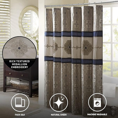 Madison Park Embroidered Jacquard Traditional Shower Curtain, 72"x72", Navy | Weave Design, Traditional Bathroom Décor, Machine Washable, Fabric Privacy Screen
