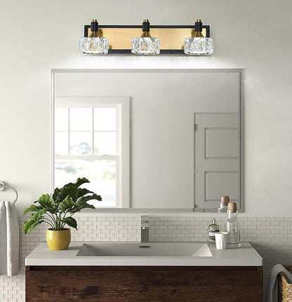 Modern Black Gold Bathroom Vanity Light Fixture 3-Light Dimmable LED Crystal Vanity Light for Over Mirror, Stylish Bath Wall Lights in Black and Gold Finish