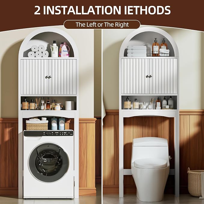 Spurgehom Arch Over The Toilet Storage Cabinet, Bathroom Organizer (White) | Freestanding Bathroom Shelf Equipped with Anti-Tipping Device, Space-Saving Vertical Toiletries Storage Cabinet