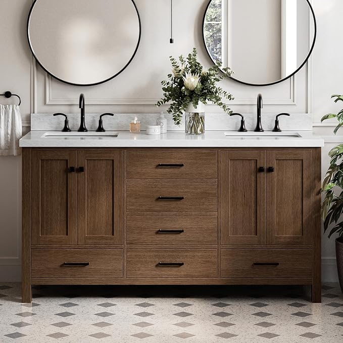 ARIEL Cambridge 66-inch Bathroom Vanity with Sink,Solid Wood, 1.5-inch Italian Carrara Marble Countertop, Double Rectangular Porcelain Sink, 4 Soft Closing Doors, 6 Dovetail Drawers, Brown Oak