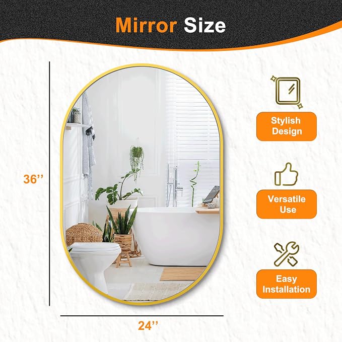 36x24 Gold Oval Bathroom Mirror for Over Sink, Aluminum Frame | HD Reflection No Distortion, Aluminum Frame, Mounting Hardware for Vertical or Horizontal Mount