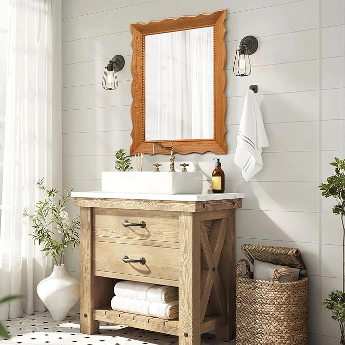 Besdomus Farmhouse Wooden Bathroom Mirror: 32" x 24" Light Brown Wood Mirror for Vanity/Entryway/Wall Decor - Ideal for Country Style Lovers