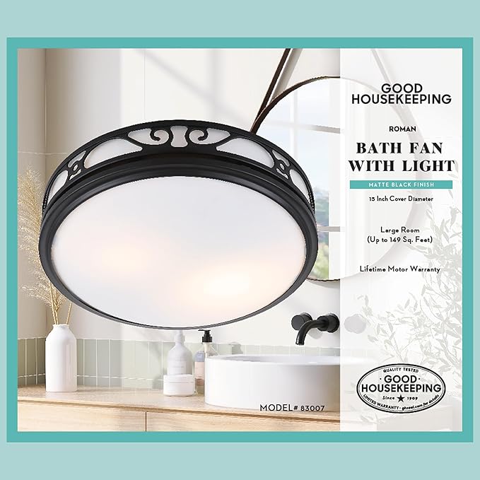 Good Housekeeping 83007 Roman Decorative 110 CFM 3.0 Sones Bathroom Ventilation Exhaust Fan with Light & Night-Light, Matte Black