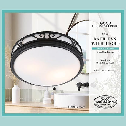 Good Housekeeping 83007 Roman Decorative 110 CFM 3.0 Sones Bathroom Ventilation Exhaust Fan with Light & Night-Light, Matte Black