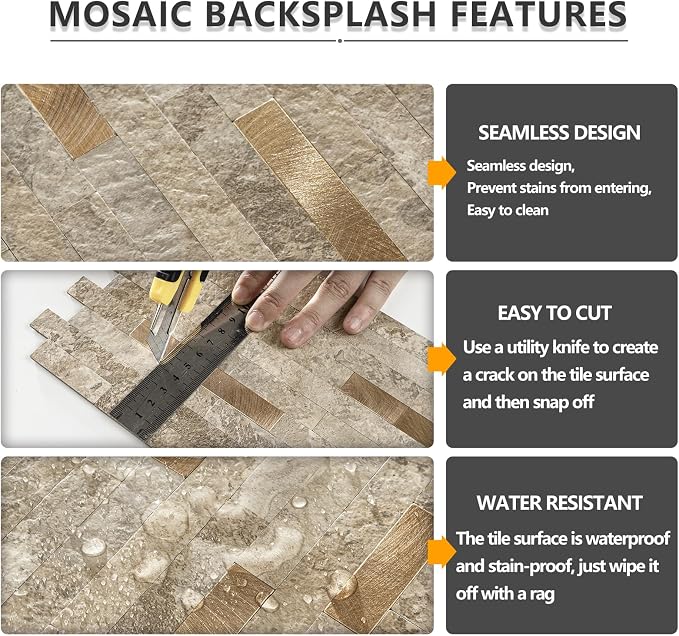 STICKGOO 2 Sheets Peel and Stick Backsplash Tile, Stick on Backsplash for Kitchen and Bathroom, Stone Beige Marble Look PVC Mixed Metal Gold Self Adhesive Wall Tiles