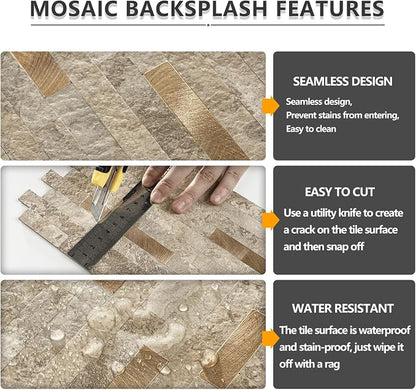 STICKGOO 20 Sheets Peel and Stick Backsplash Tile, Stick on Backsplash for Kitchen and Bathroom, Stone Beige Marble Look PVC Mixed Metal Gold Self Adhesive Wall Tiles