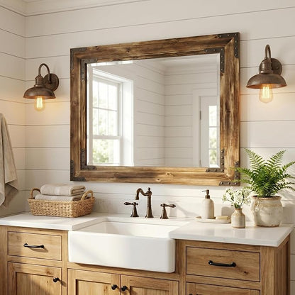 Rustic Brown 30x40 Inch Wood Bathroom Vanity Mirror, Rivets | Farmhouse style, deep weathered grain, larger vanities, mantels, dressers and entry consoles