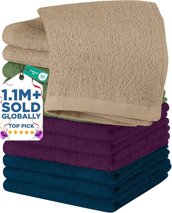 DAN RIVER 12 Pack Cotton Wash Cloths Set for Showering [12x12] Assortment 2 | Lighter Weight, Quick to Dry, Super Soft & Absorbent Face Towels, Hotel Quality, Perfect for Bathroom, Gym, Spa